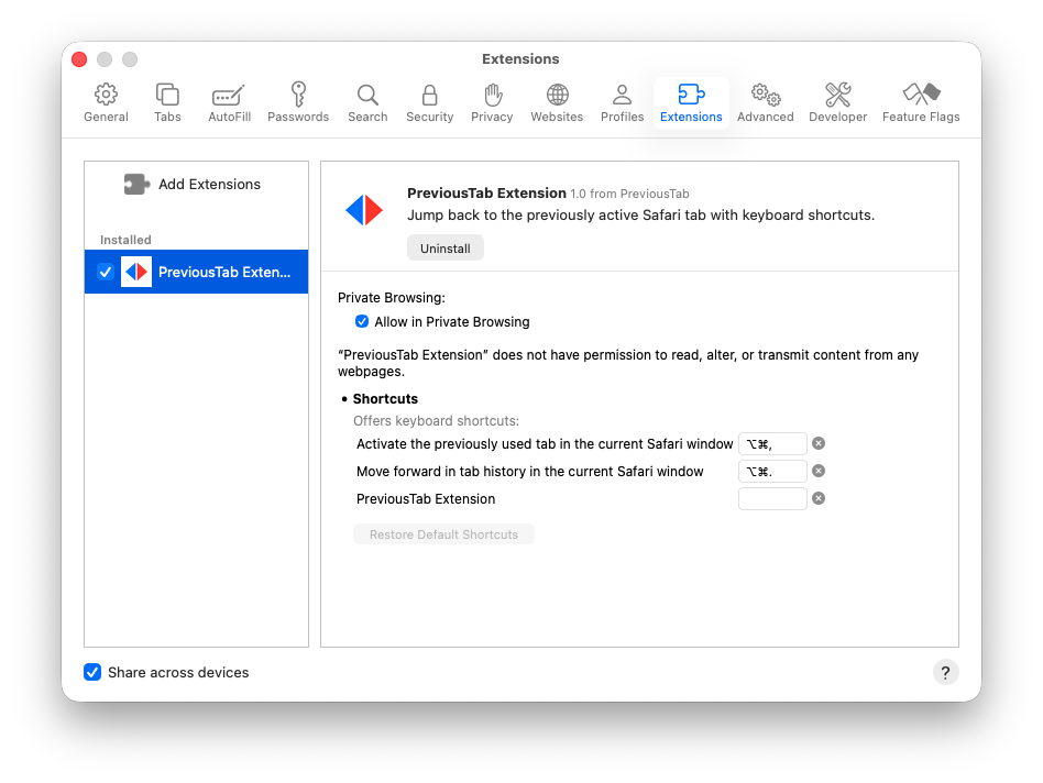 PreviousTab privacy screenshot